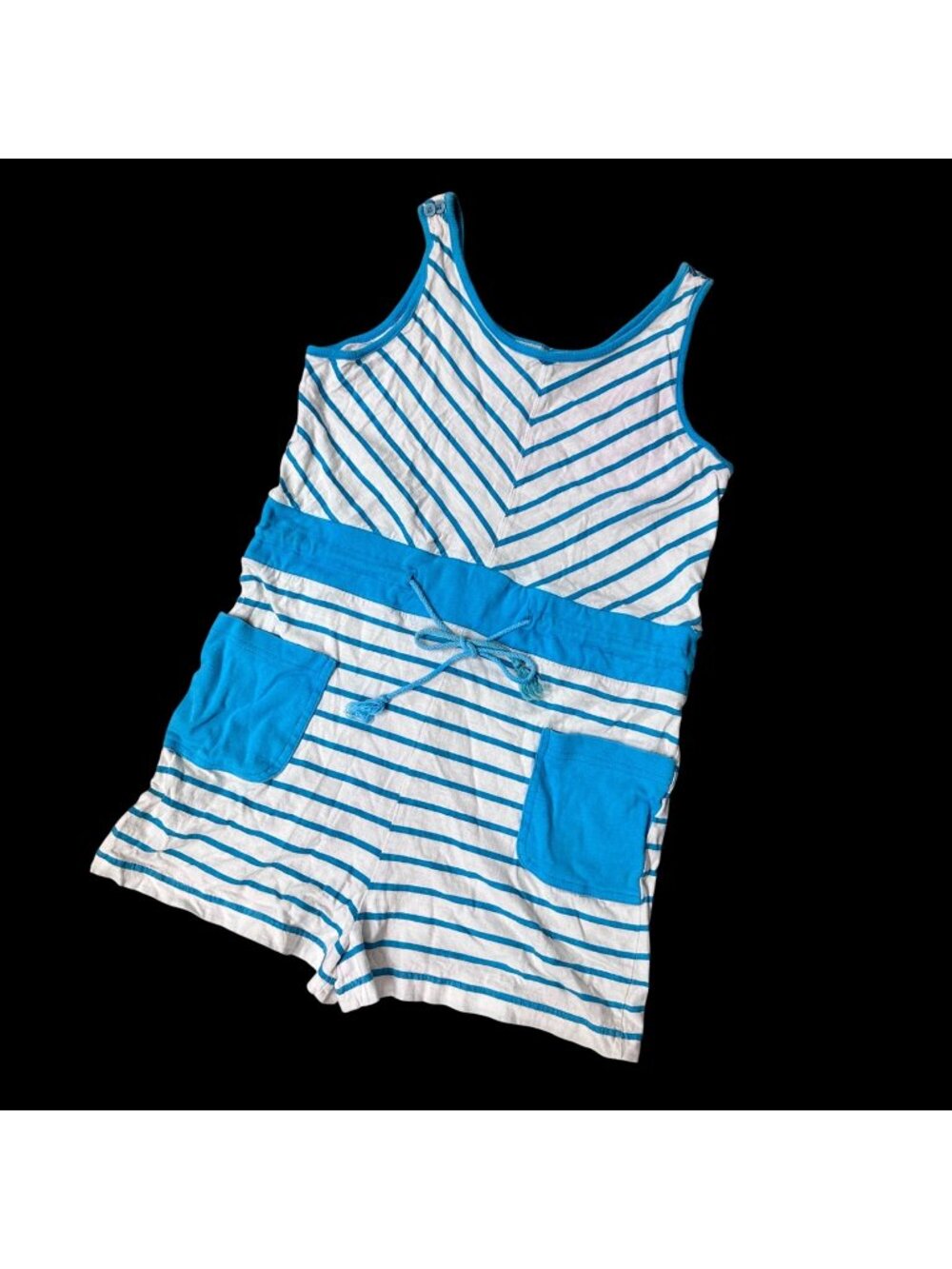 Vintage Romper Shorts Striped Blue White Pockets Drawstring Waist Size Large 80s